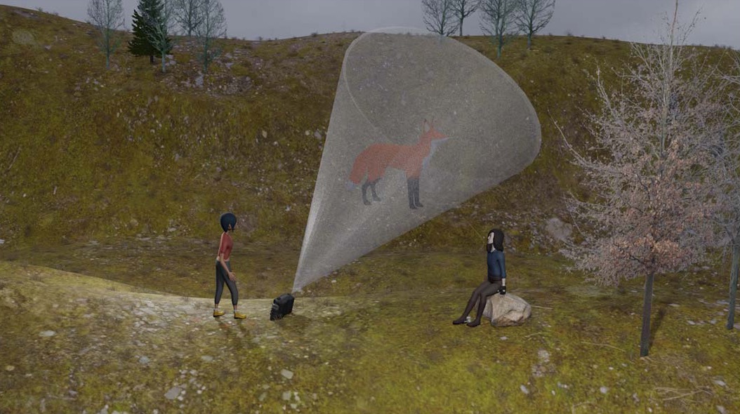 Szene aus By the sea: zwei Figuren in einer Hügellandschaft, aus einem Projektor fällt ein Lichtkegel, darin ein Fuchs