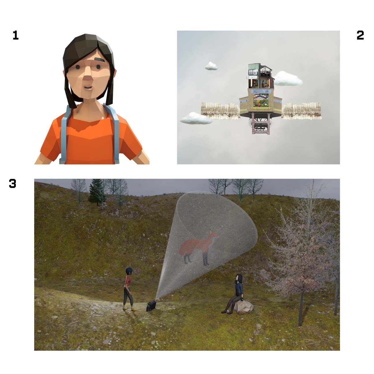 Three images from the earlier game drafts: 1, a low-poly girl in an orange T-shirt with a backpack; 2, the cloud village collage, a building floating among clouds; 3, two figures in a hilly landscape, a projector casting a cone of light with a fox in it